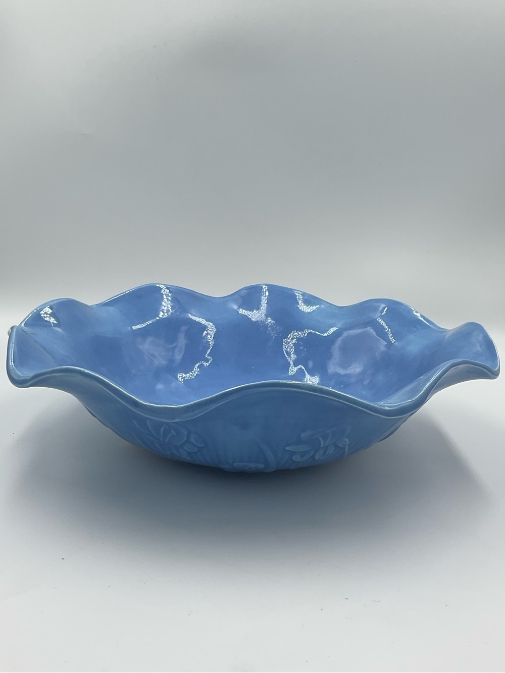 Vintage Jeannette Glass Company “Iris & Herringbone” Serving Bowl Painted Blue